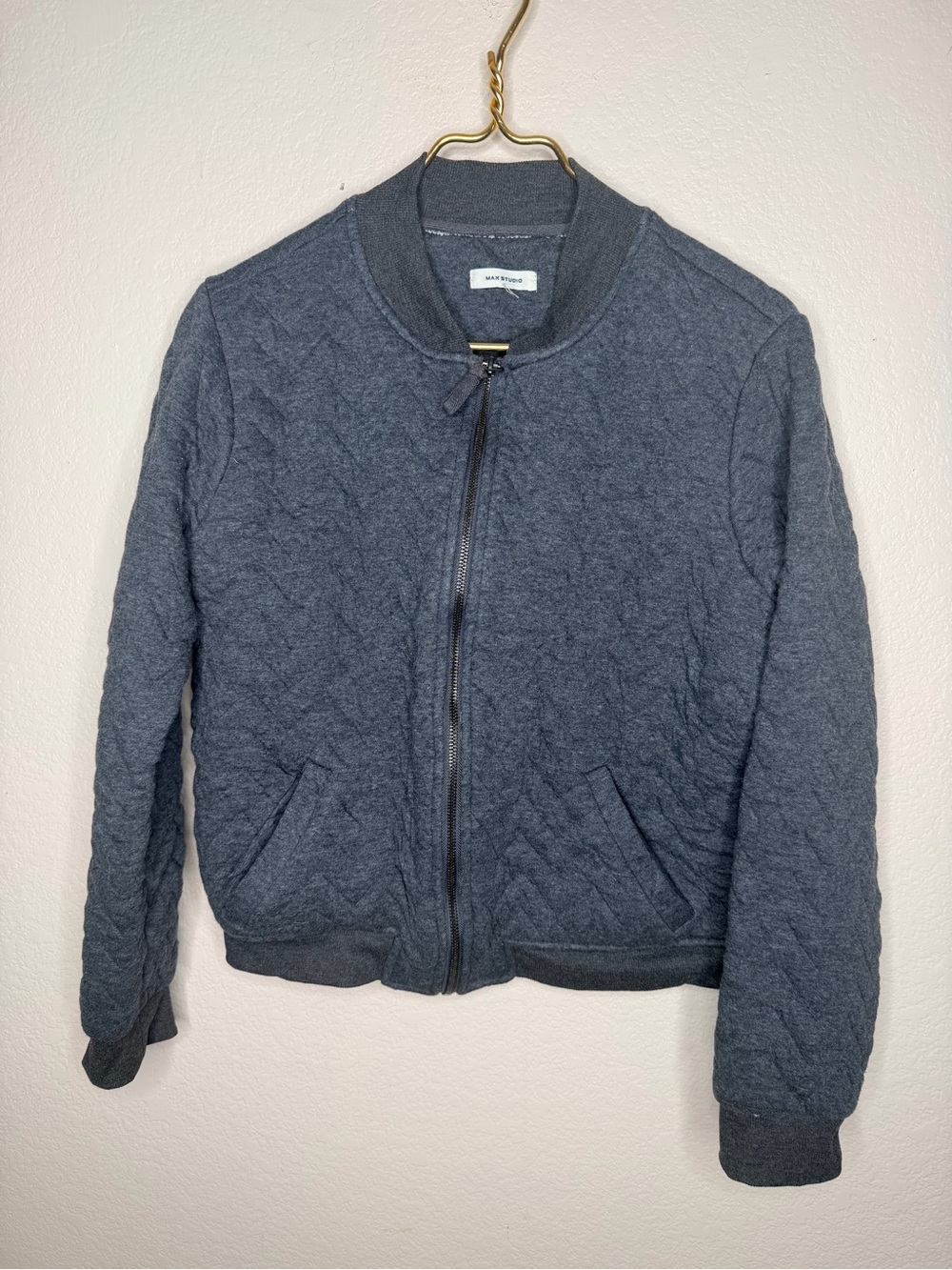 Max Studio Womens Small S Quilted Bomber Baseball Jacket Charcoal Gray Zip